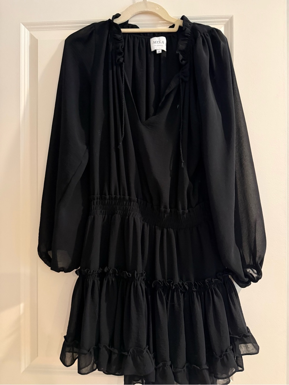 Misa Los Angeles Black Sheer Ruffle Tiered Long-Sleeve Dress